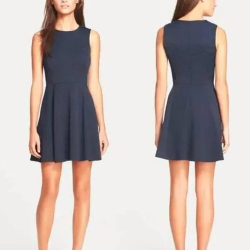 Theory Tillora Aligned Navy Jacquard Fit & Flare Dress Wool Blend Size 6